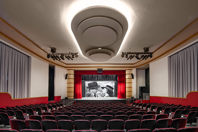 Inside restored Murray Theater with Casablanca on screen
