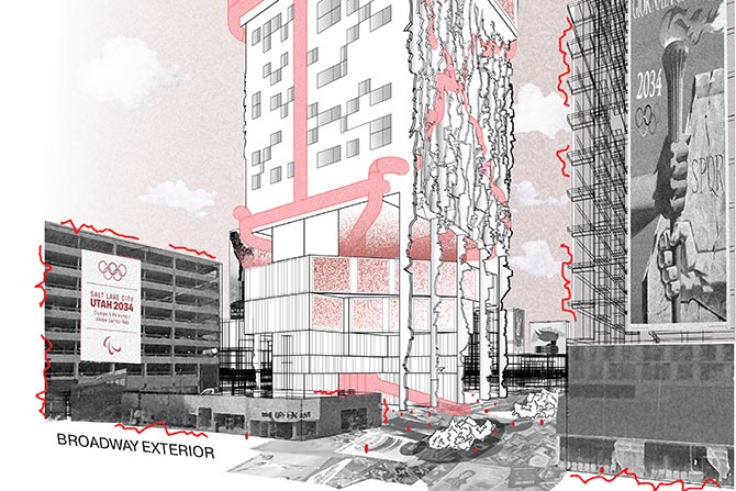 2025 Graduate Student Honor Award: Altius Tower; An architectural rendering of a vibrant cityscape features modern high-rises with intricate designs. Banners promote the 2034 Olympics in Salt Lake City. The scene conveys a future urban vision with dynamic energy.
