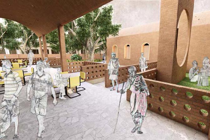 2025 Graduate Student Merit Award: Drug Rehabilitation Center in Amritsar, India; Architectural rendering shows a courtyard with trees, people walking, and seated figures. Brick arches and walls create an open, communal atmosphere.