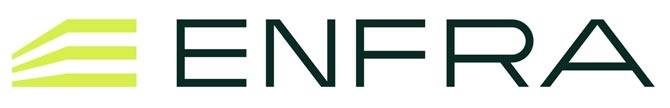 Logo reading "ENFRA" in dark green bold letters, with a stylized three-line design in neon green to the left, conveying a modern and dynamic feel.