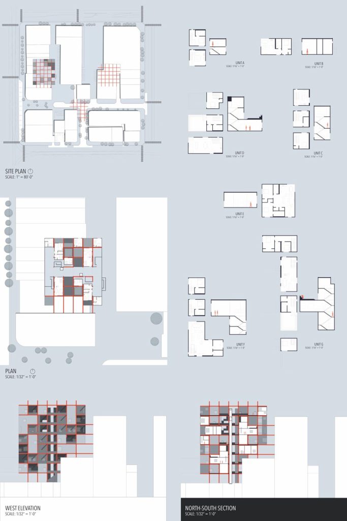 Architectural plan with a site map, floor layouts, and building sections. Diagrams show grids and dimensions in a structured, technical format.