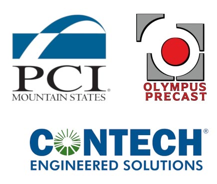 Logos of three companies: PCI Mountain States with a blue arc, Olympus Precast with a red circle in a gray square, and Contech with green accents.
