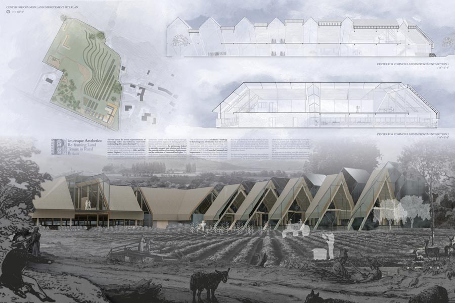 Architectural design of a rural development center. Includes floor plans, elevation views, modern gabled roofs, and pastoral scenes with crops and livestock.