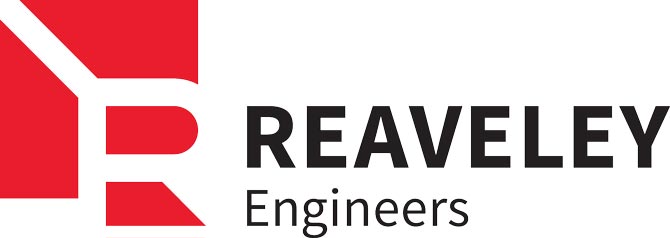 Red and white geometric logo with a stylized "R" beside the black text "Reaveley Engineers." Modern, professional tone.