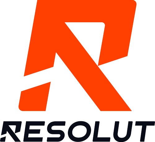 Orange stylized "R" with an angular design and a white diagonal cut. The word "RESOLUT" in bold black letters is centered under the symbol.